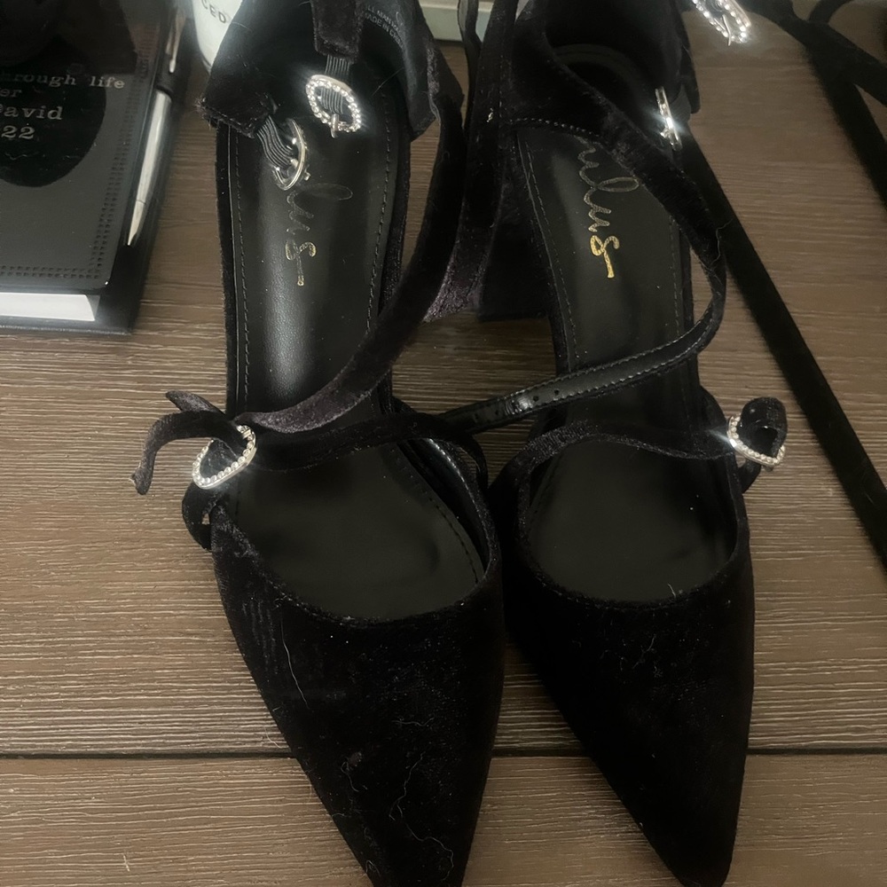 Black Velvet Pointed-Toe Strappy Heels with Crystal Buckles